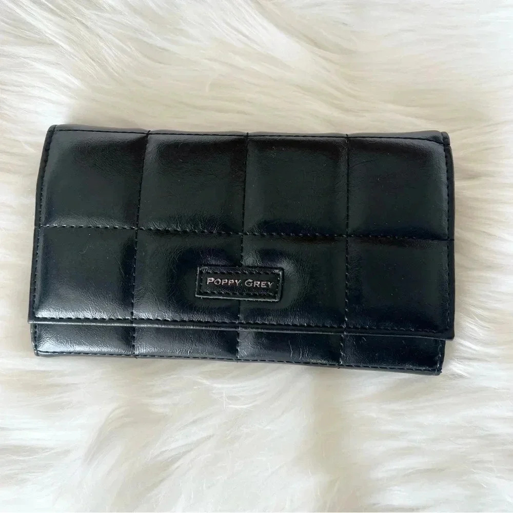 Poppy Grey Black Quilted Wallet Vegan Folded